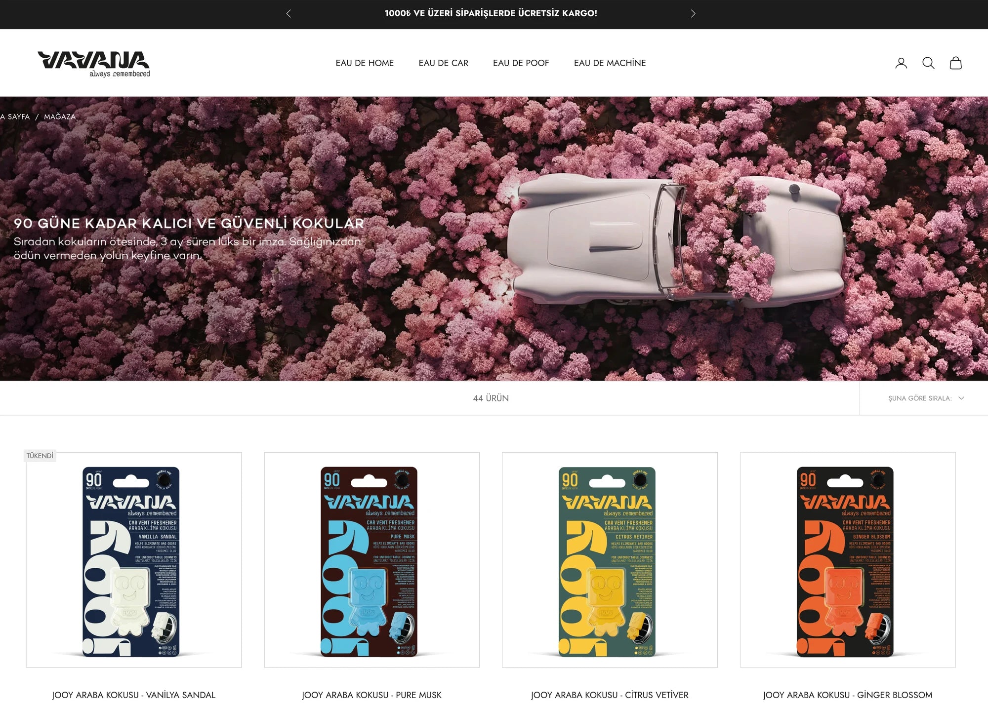 Vavana Shopify mağazasında araç kokuları koleksiyonu ve ürün sunumu
